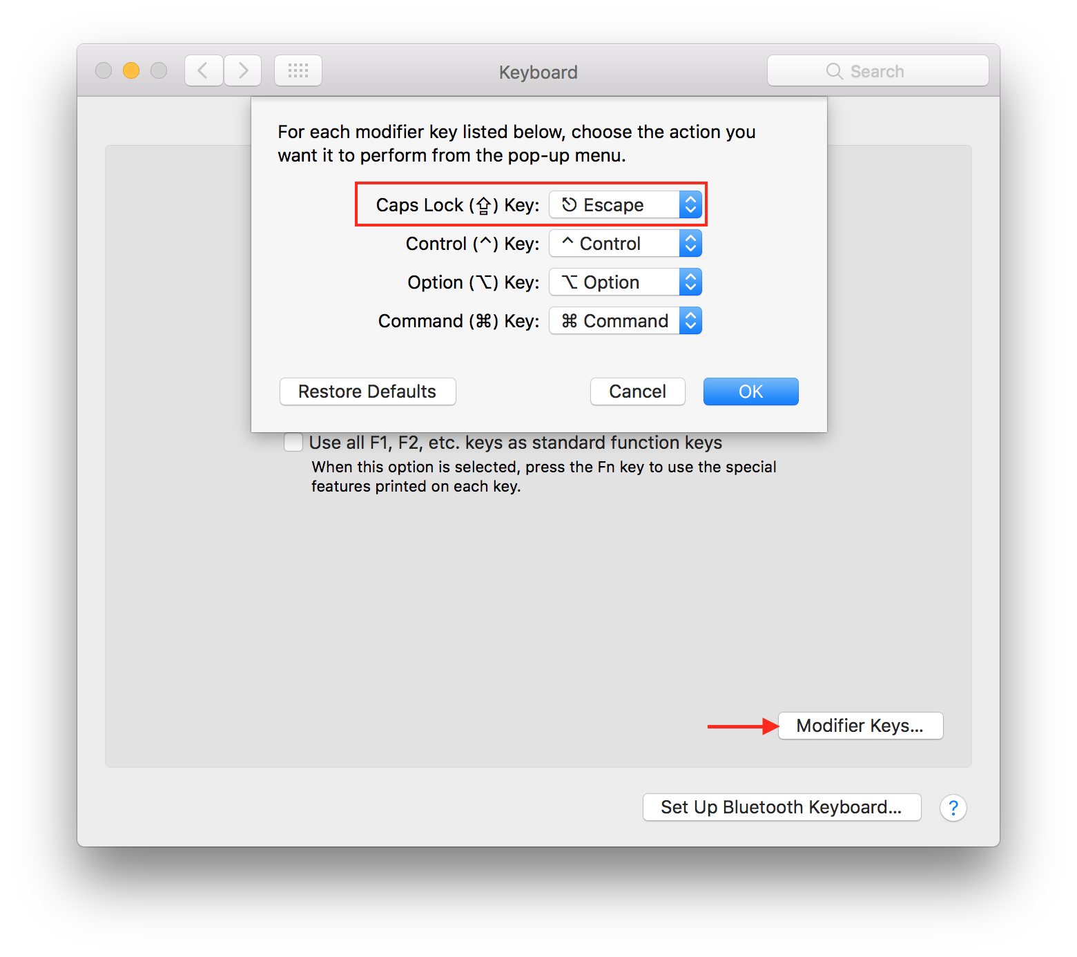 Screenshot of System Preferences -> Keyboard -> Modifier Keys