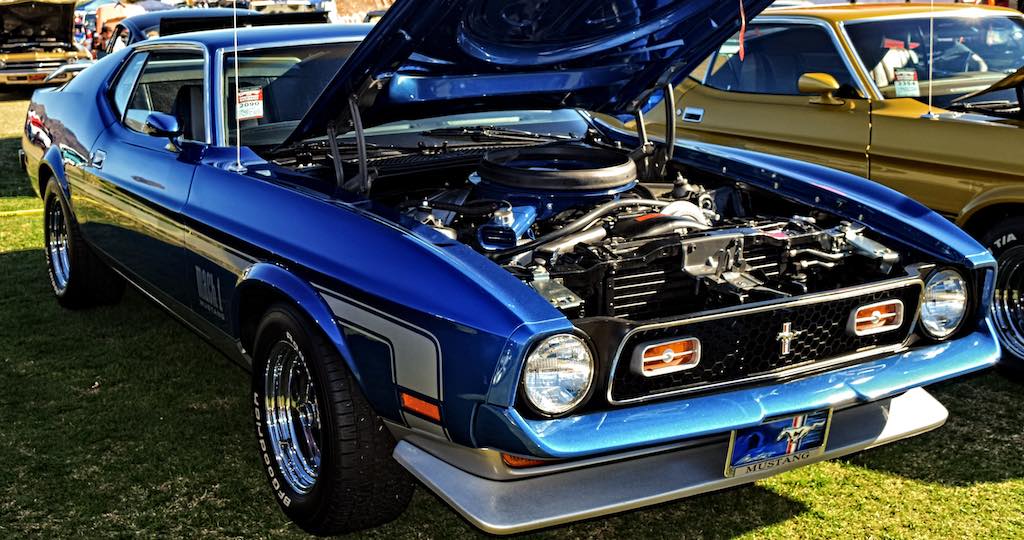 Mustang car with open hood